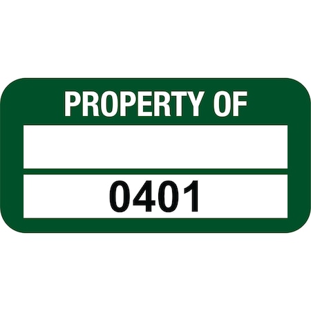 Lustre-Cal PROPERTY OF Label, Polyester Green 1.50in x 0.75in 1 Blank Pad & Serialized 0401-0500, 100PK 253772Pe2G0401